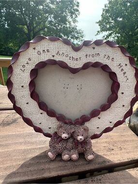 Heart-Shaped Photo Frame with Twin Teddy Bears - Cream & Burgundy